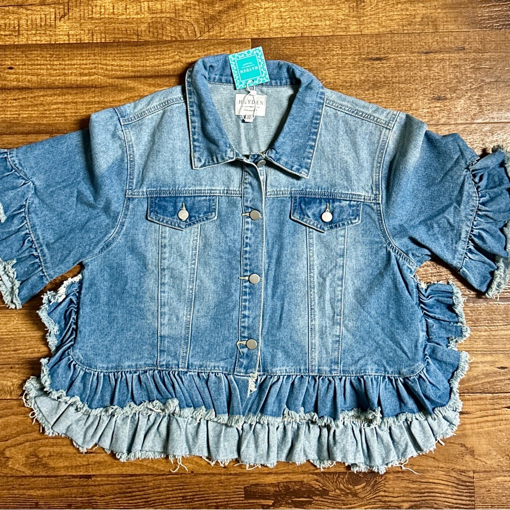 Hayden ~Medium/Large ~ Raw Edges W/ Ruffle Sleeves ~ Blue Denim Boho Jacket ~New - Picture 2 of 9